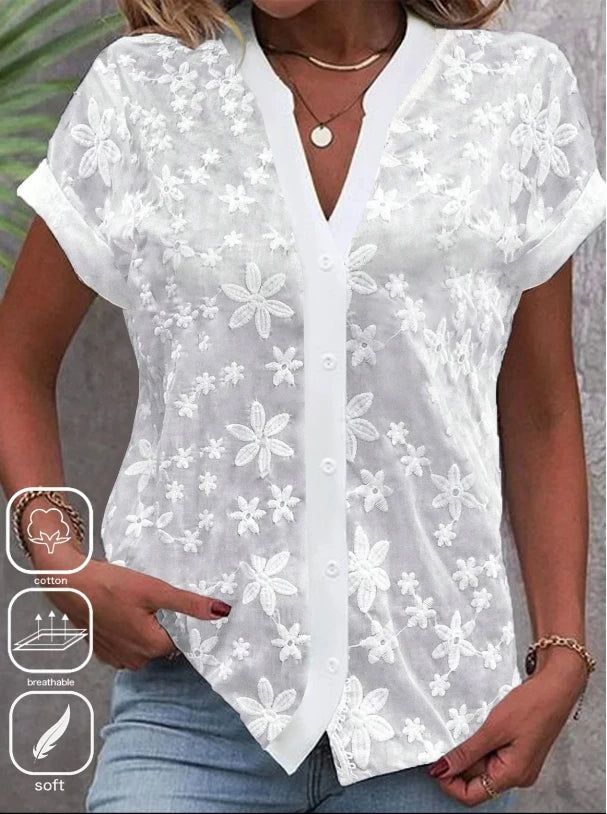 Cropped Shirt White Lace Blouse Eyelet Cut Embroidery Top Wear Hollow Out Women's Summer Clothing Quick Pick Grocers