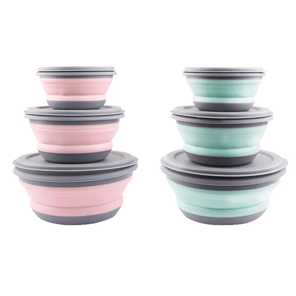 Portable Folding Lunch Box Bowl Sets Silicone 3Pcs/Set Food Container Outdoor Camping Tableware Set Foldable Salad Bowl with Lid Quick Pick Grocers