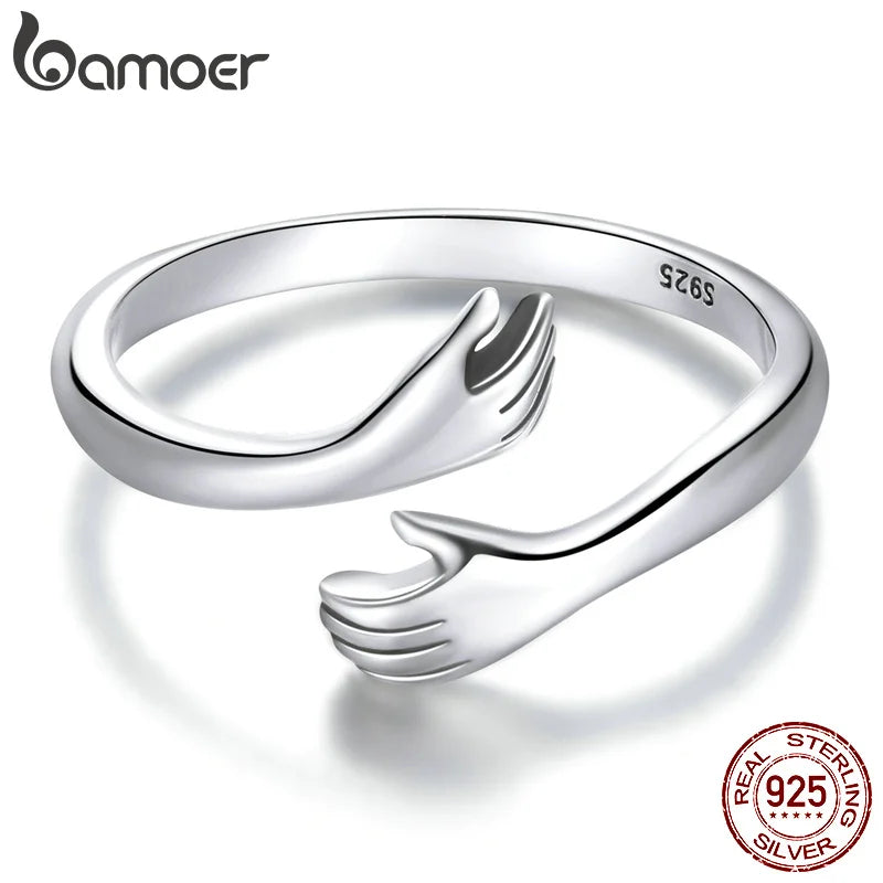 BAMOER 925 Sterling Silver Hug Open Ring Warm Love Hand Adjustable Glossy Ring for Women, His Big Loving Family Party Gift Quick Pick Grocers