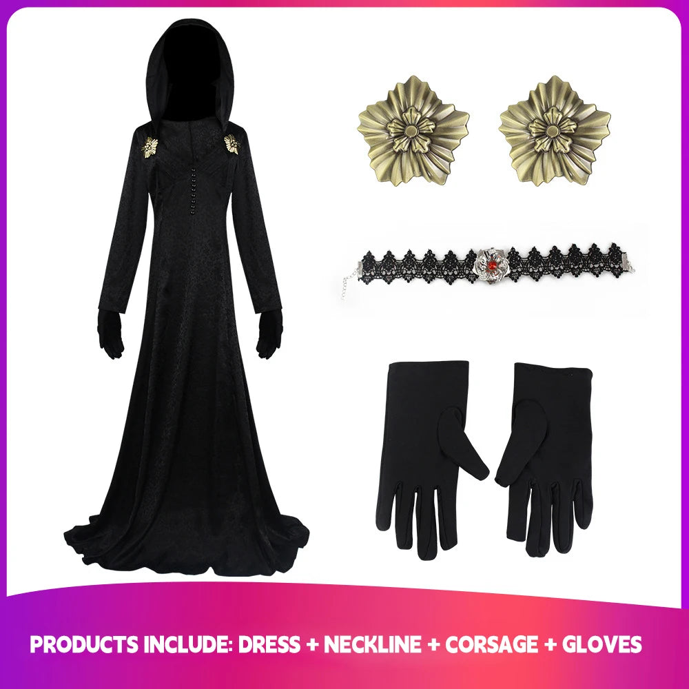 In Stock Moth Lady Evil Cosplay Fantasia Village Vampire Lady Dimitrescu Costume Women Black Dress Halloween Carnival Party Suit Quick Pick Grocers
