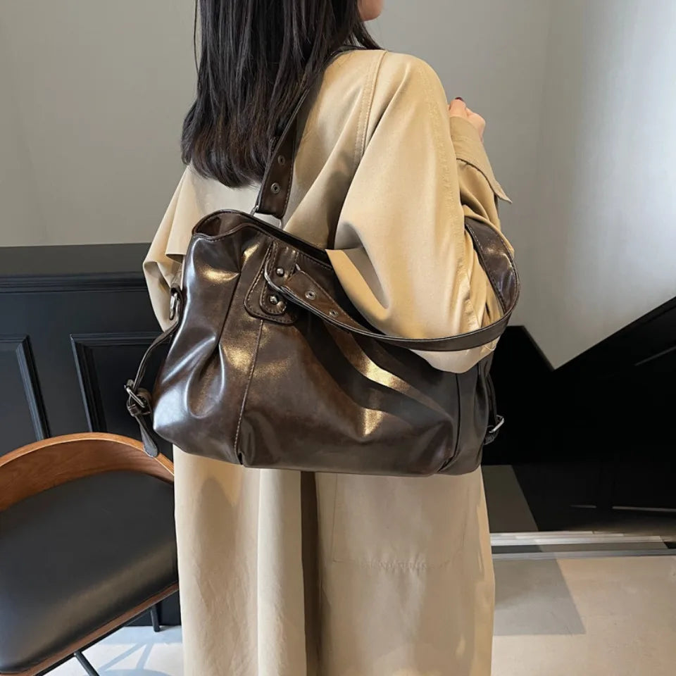 Retro Brand Roomy Shoulder Bag Female Luxury Solid Color Classic Crossbody Bag Large Capacity Style Soft PU Leather Tote Bag Quick Pick Grocers