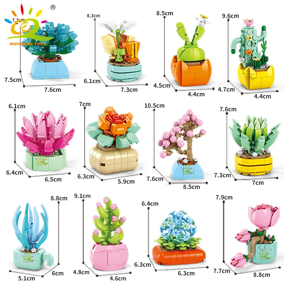 HUIQIBAO MOC Flower Succulent Potted Model Building Block DIY Eternal Bouquet Home Desk Plant Decor Brick Girl Gift Children Toy Quick Pick Grocers