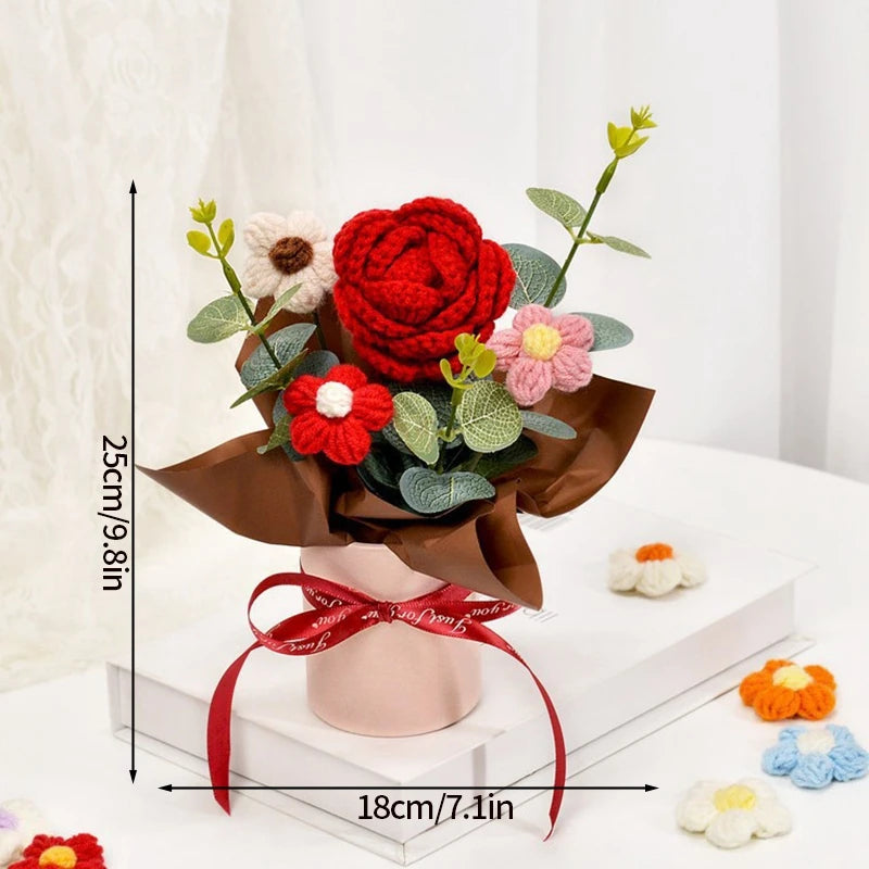 Knitted Flower Bouquet Crochet Rose Flowers Hugging Bucket New Year Gifts Living Room Desk Decoration Mother's Day Gift Quick Pick Grocers