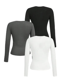 Women's solid-color long-sleeved T-shirt - Polyester knitted fabric, round neck, regular fit, fall-winter style Quick Pick Grocers