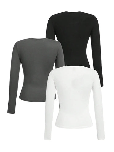 Women's solid-color long-sleeved T-shirt - Polyester knitted fabric, round neck, regular fit, fall-winter style Quick Pick Grocers