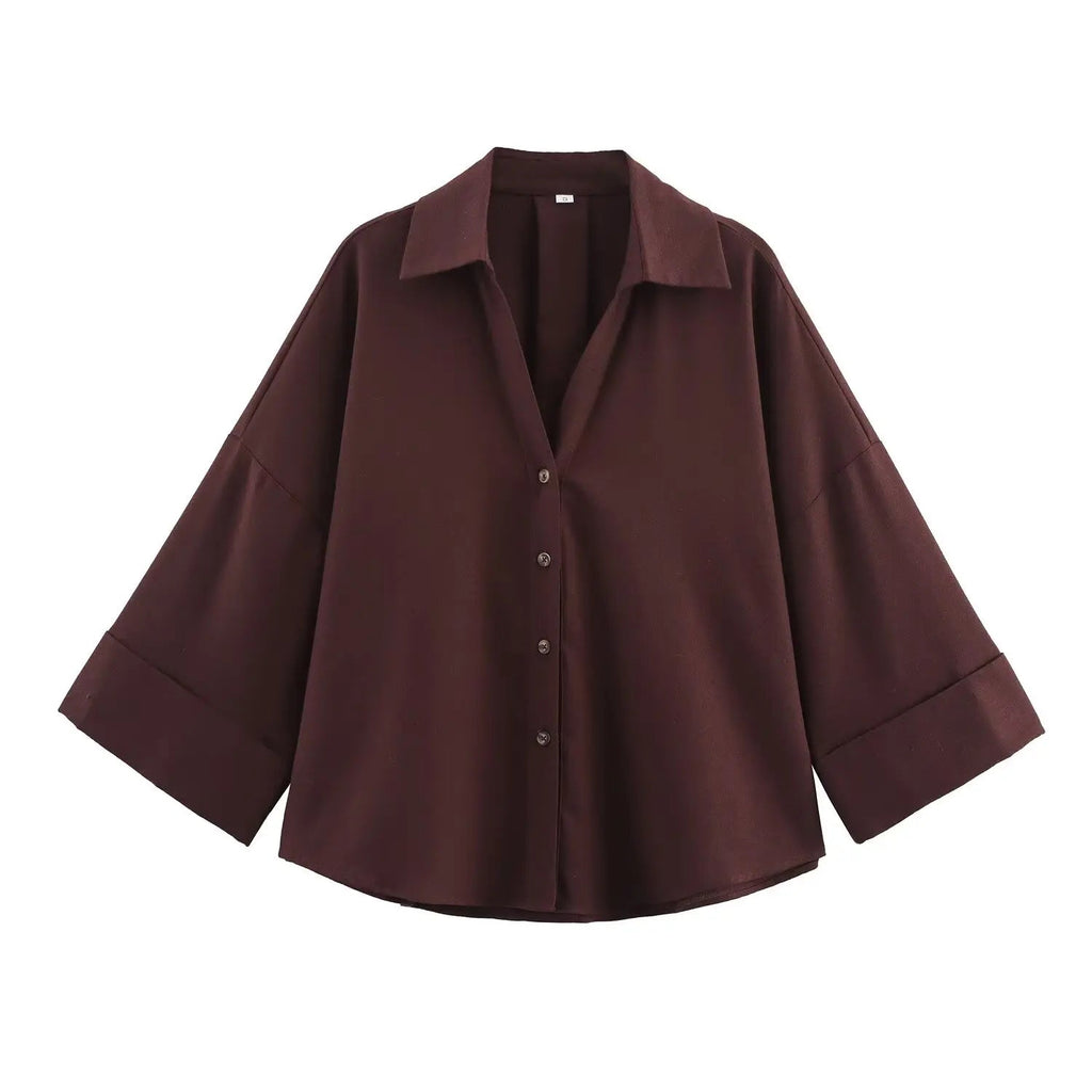 HipSeam Wide Sleeved Shirt Women Spring Asymmetric Hem Button Women's Shirts Simple Lady Johnny Collar Shirts & Blouses Quick Pick Grocers