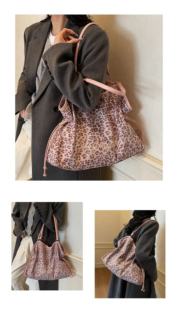 Brand Women's Shoulder Bag Y2k Fashion Sweet Polka Dot Handbag Korean Casual Versatile Leopard Print Brown Frosted Tote Bags Quick Pick Grocers