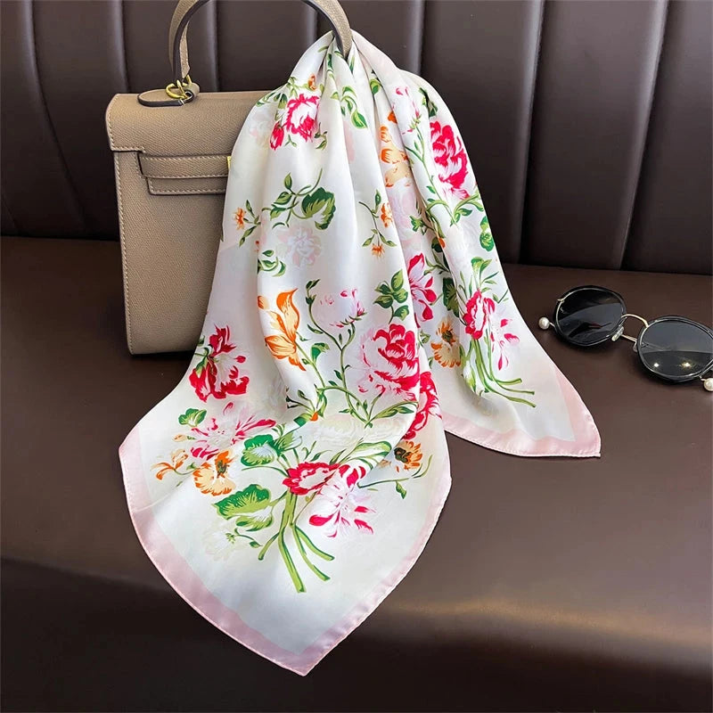 Luxury Print Satin Silk Square Scarf for Women Shawl Hijab Neckerchief Female Hair Ribbon Headband Fashion Wrap Bandana 2023 New Econic Blanks