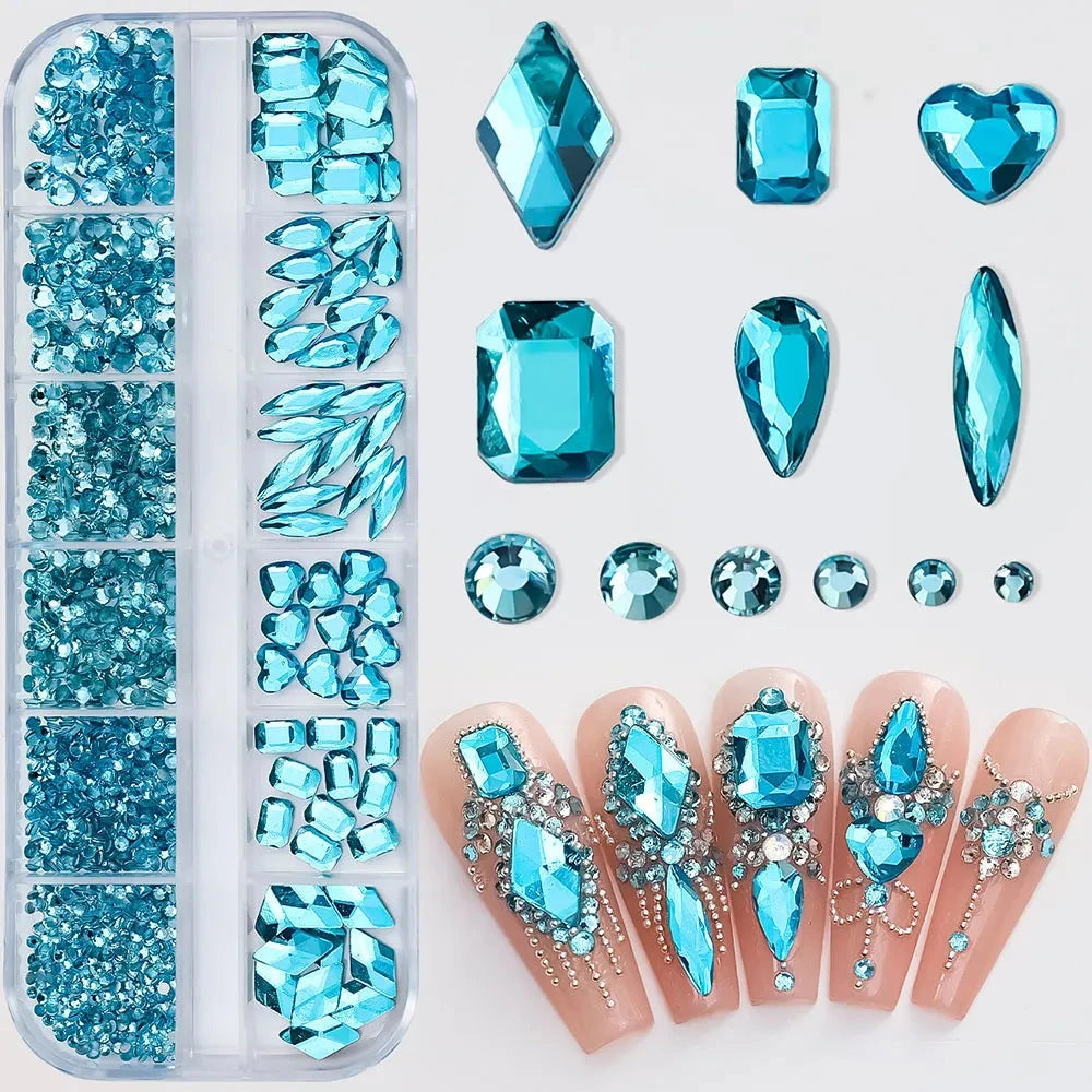 2400pcs+ Shiny Clear Crystal Gems Nail Rhinestones 1.5-4mm Mixed Round Glass Stone Flatback Nail Charms 12grids Nail Diamond DIY Econic Blanks