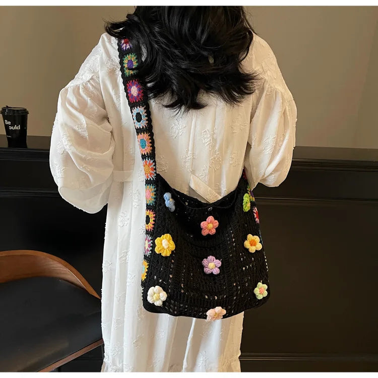 Women's Boho Crochet Bag Designer Flowers Knitted Handbags Large Capacity Summer Beach Woven Shoulder Bag Girls Tote Shopper Bag Quick Pick Grocers