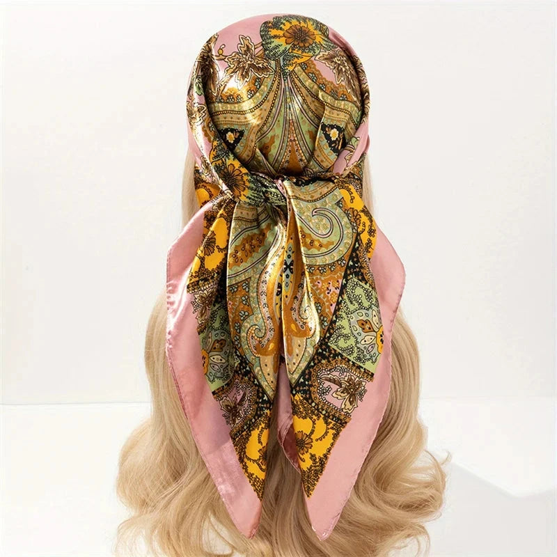 Satin Square Scarf Women Muslim Hijab Elegant 2025 Print Silk Neckerchief Shawl Wraps Headband Handle Hair Accessories Bandana Econic Blanks