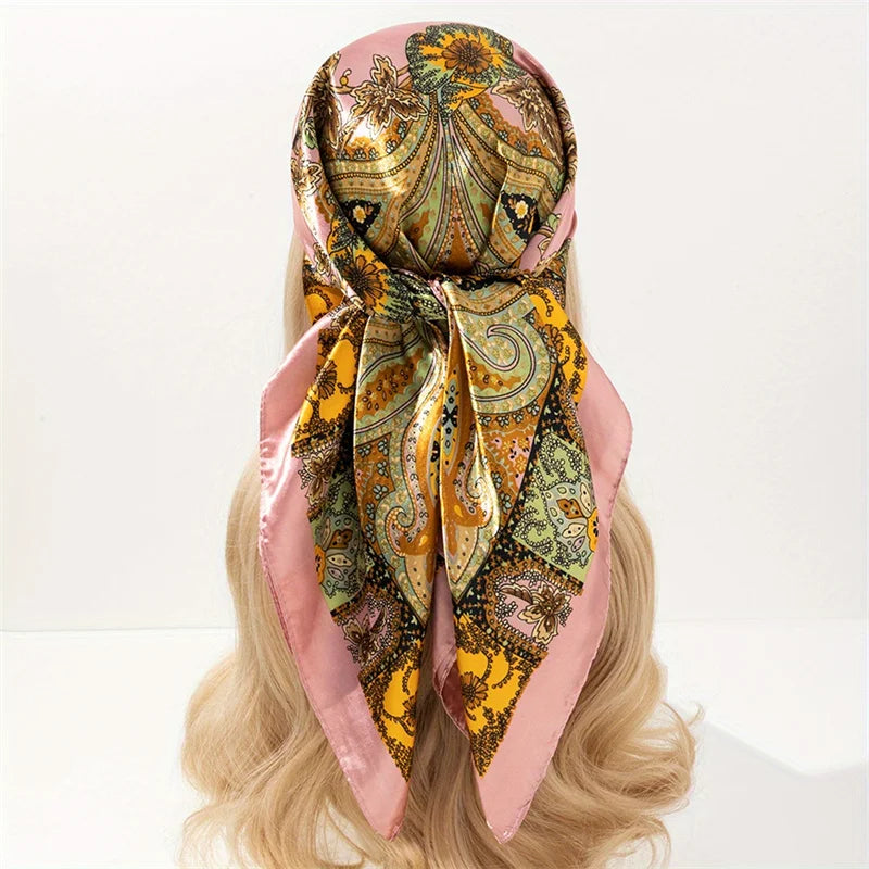 Handkerchiefs Hair Silk Scarf 90*90cm Print Satin Big Square Silk Scarves Shawls for Women Luxury Brand Designer Hijab Headband Quick Pick Grocers