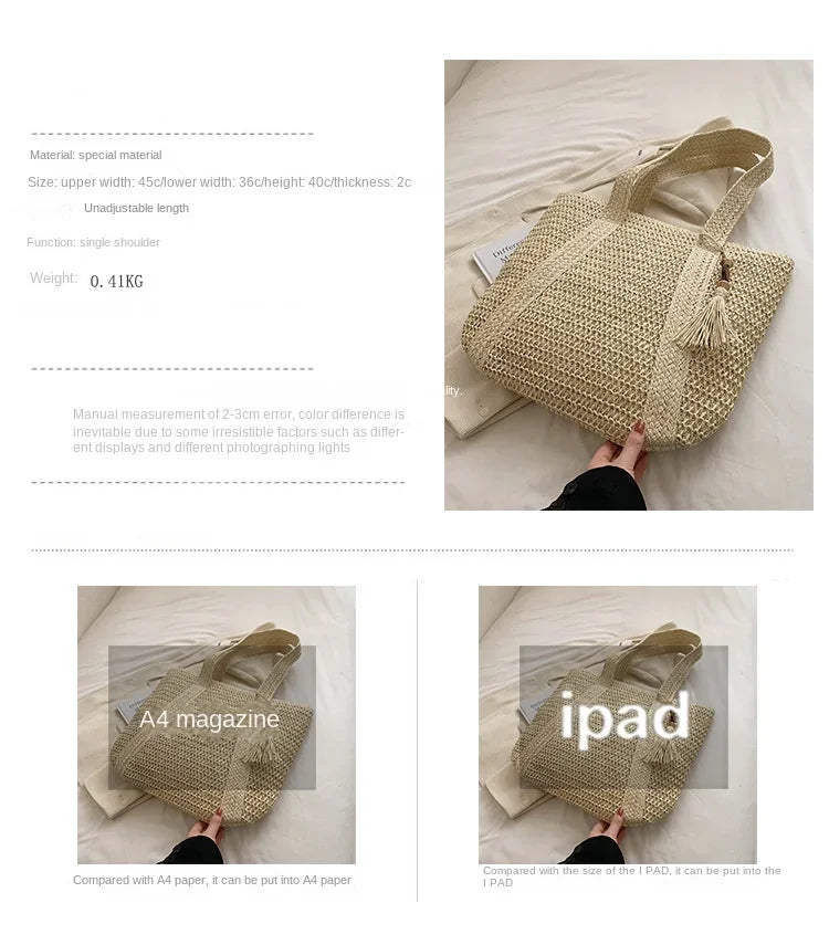 Elegant Ladies Straw Woven Handbag Women Holiday Beach Commute Casual Tote Top-Handle Bags Fashion Retro Shoulder Bags 2024 Quick Pick Grocers