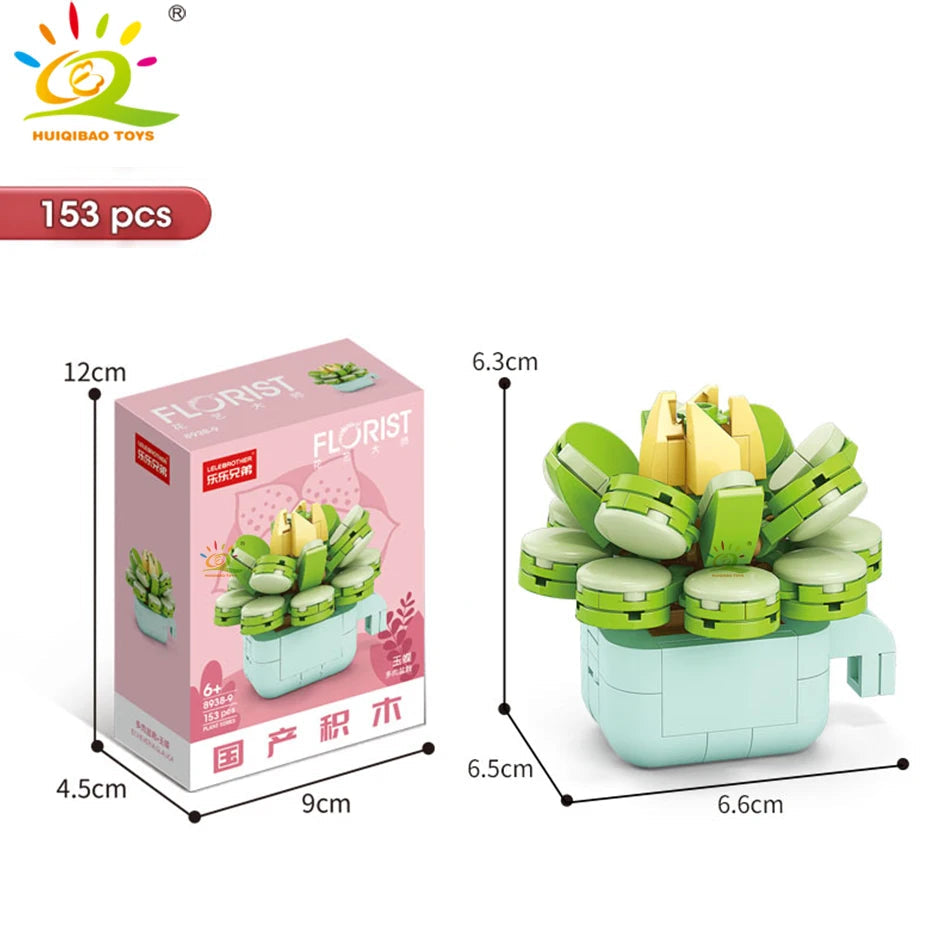 HUIQIBAO MOC Flower Succulent Potted Model Building Block DIY Eternal Bouquet Home Desk Plant Decor Brick Girl Gift Children Toy Quick Pick Grocers