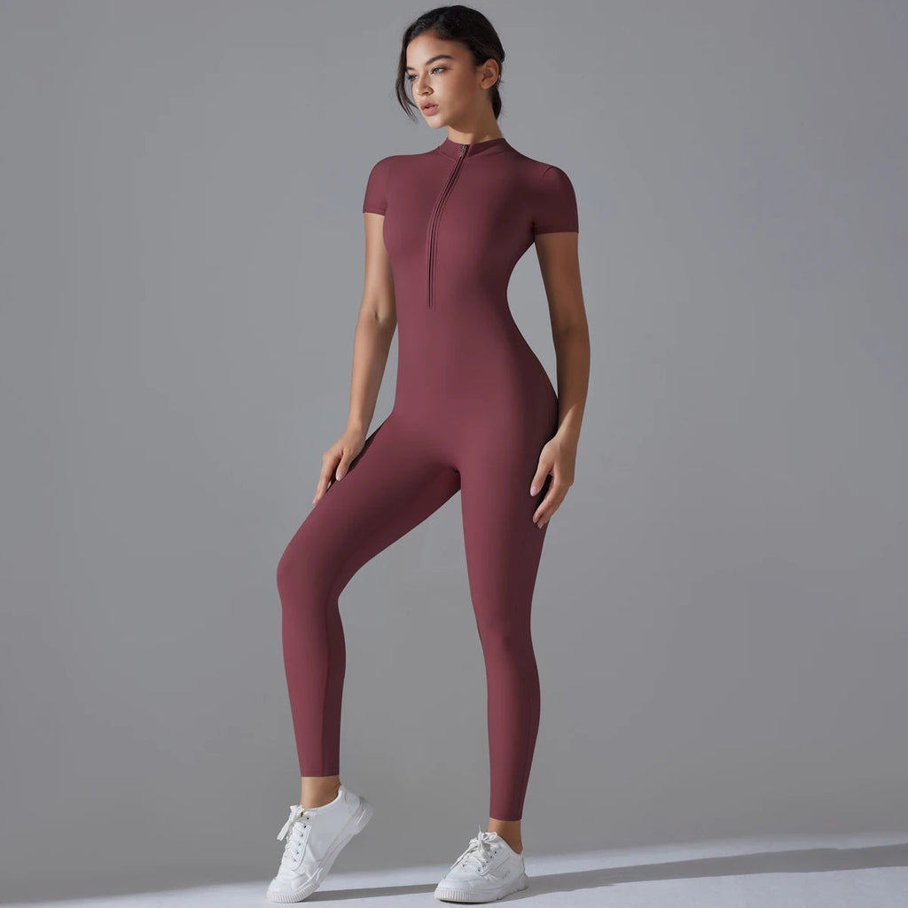 Yoga Set Women's Jumpsuits One-Piece Suit Zipper Short Sleeve Gym Push Up Workout Clothes Fitness Bodysuit Sportswear Tracksuit Quick Pick Grocers