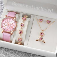 5/6PCS Fashion Women's Quartz Watch Leather Band Analog Wrist Watches Heart Rhinestone Jewelry Set(Without Box) Quick Pick Grocers