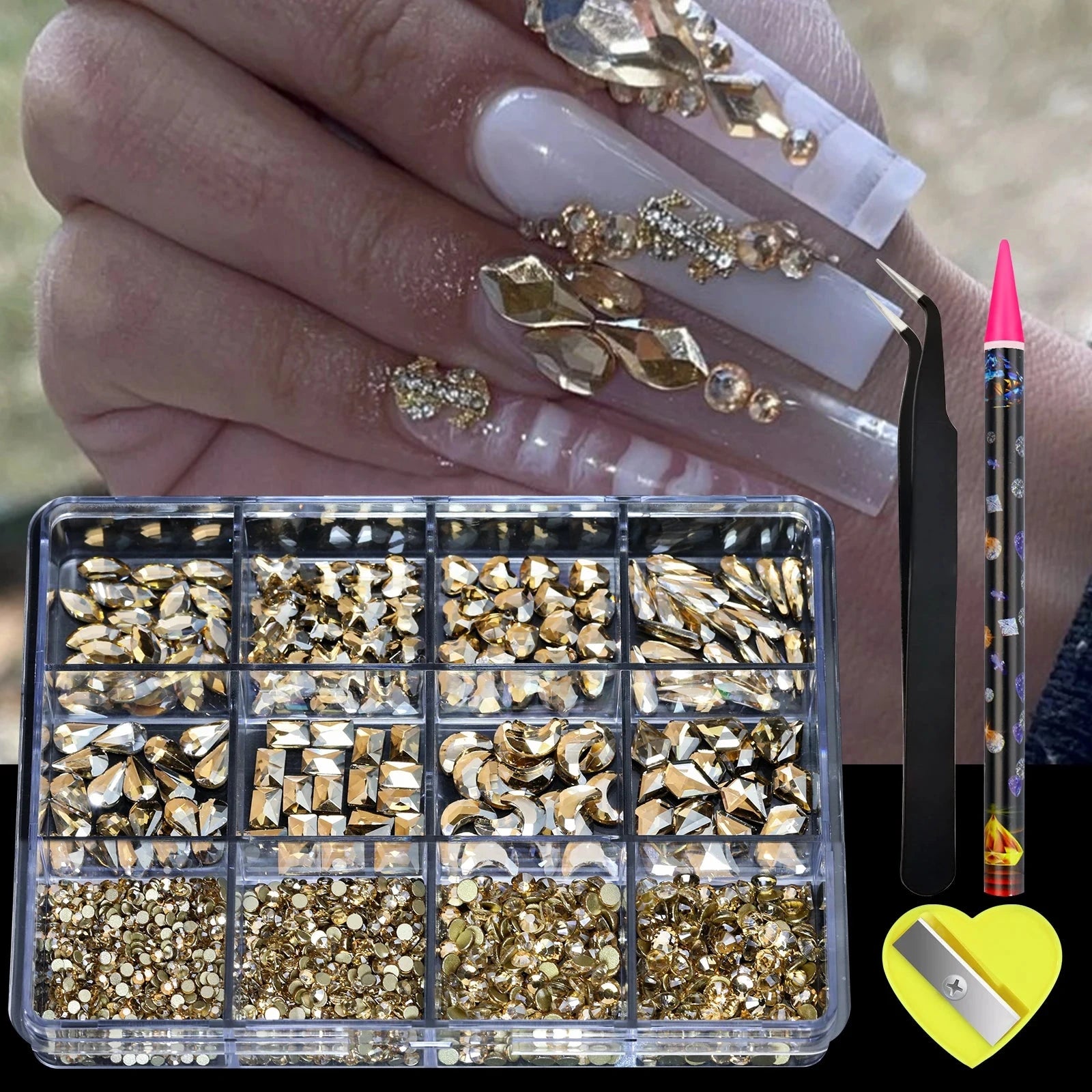 12 Grid Diamond Jewelry Set for Nail Art Decorations Nail Ab Flat Bottom Drill Nail Art Luxe Nail Shaped Diamond Illusion Color Econic Blanks