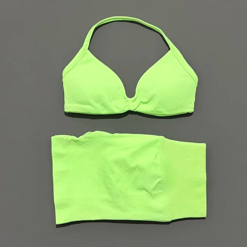 HISTELLO Gym Set 2 Piece Women Strappy Yoga Bra Top Workout Scrunch Shorts Sports Suit Fitness Clothes Seamless Yoga Set Quick Pick Grocers