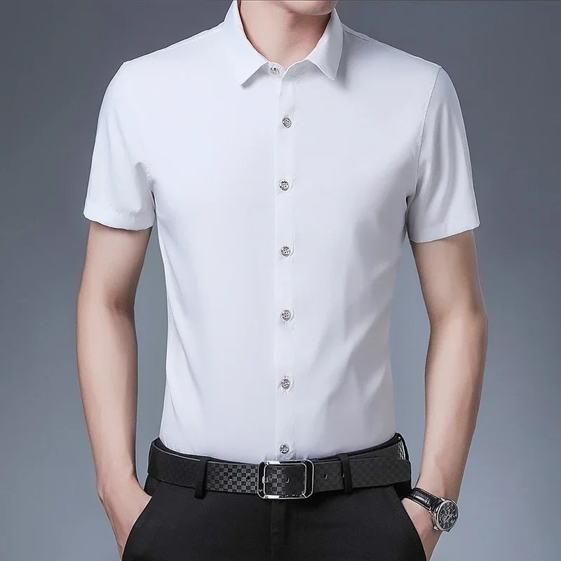 Men's Business Casual Solid Color Short Sleeved Shirt Non Ironing Comfortable Top Quick Pick Grocers