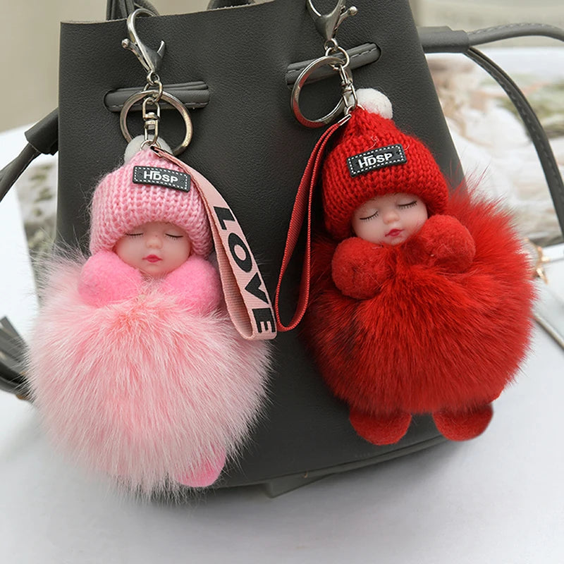 Pompom Sleeping Baby Keychain Cute Fluffy Plush Doll Keyholder Women Girl Bags Keyrings Cars Key Ring Gift Charming Decoration Quick Pick Grocers