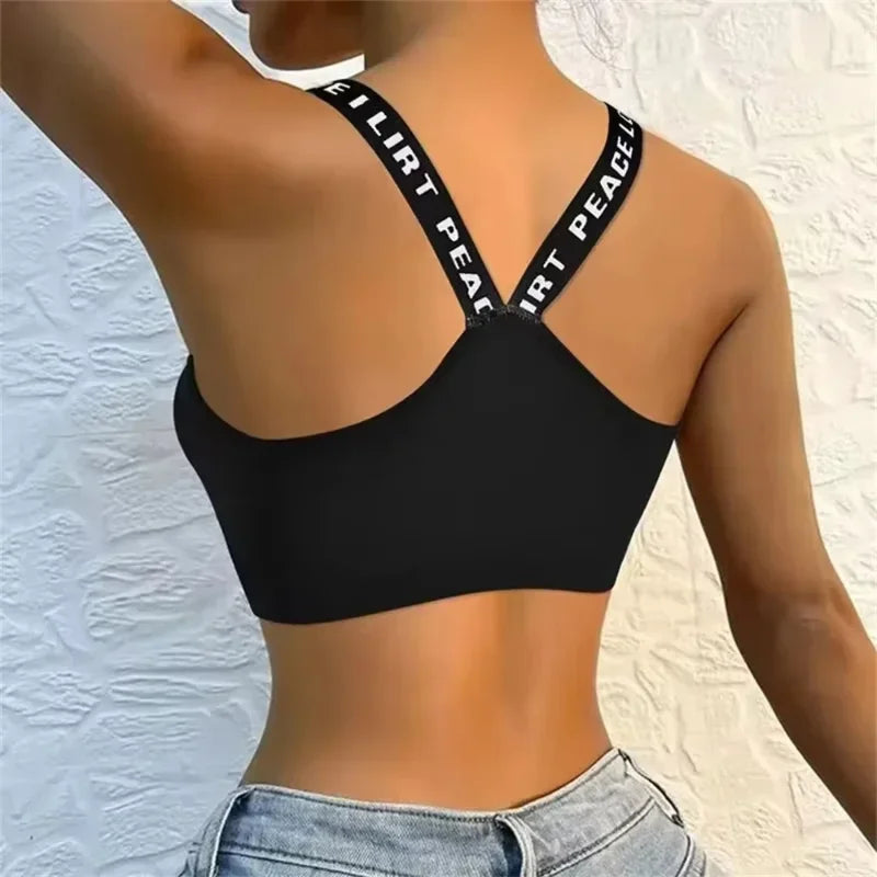 Sports Underwear Women Yoga Fitness Seamless Crop Top Wide Letter Straps Comfortable Workout Activewear Back Without Underwire I Quick Pick Grocers