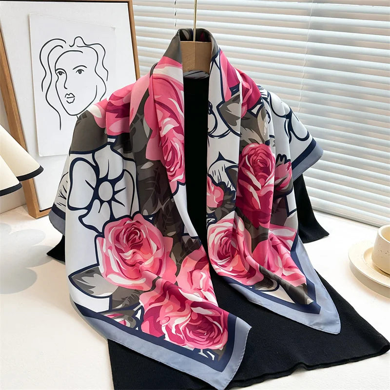 90*90Cm Square Scarf Twill Silk Feeling Women Head Shawls and Wraps Luxury Hair Tree Print Neck Scarves Hijab Bandana Pashmina Quick Pick Grocers