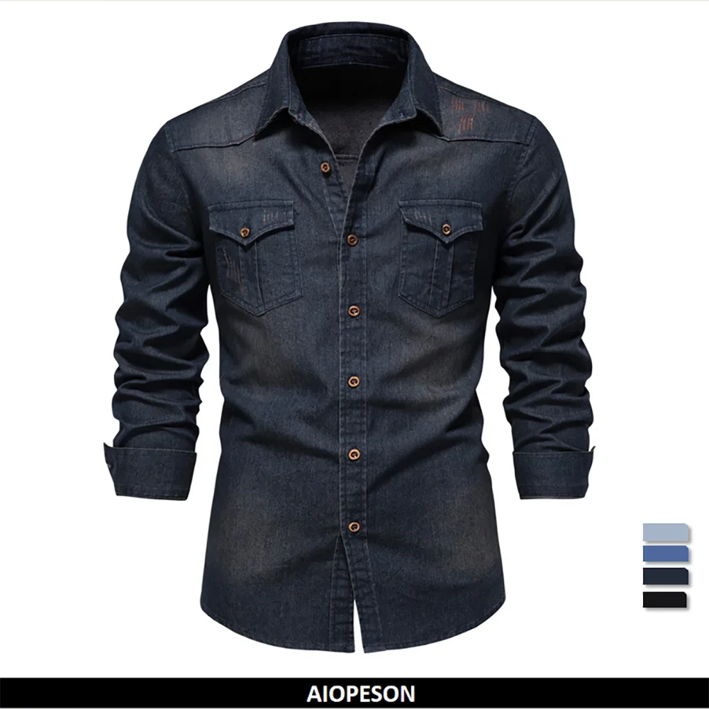 AIOPESON Brand Elastic Cotton Denim Shirt Men Long Sleeve Quality Cowboy Shirts for Men Casual Slim Fit Mens Designer Clothing Quick Pick Grocers