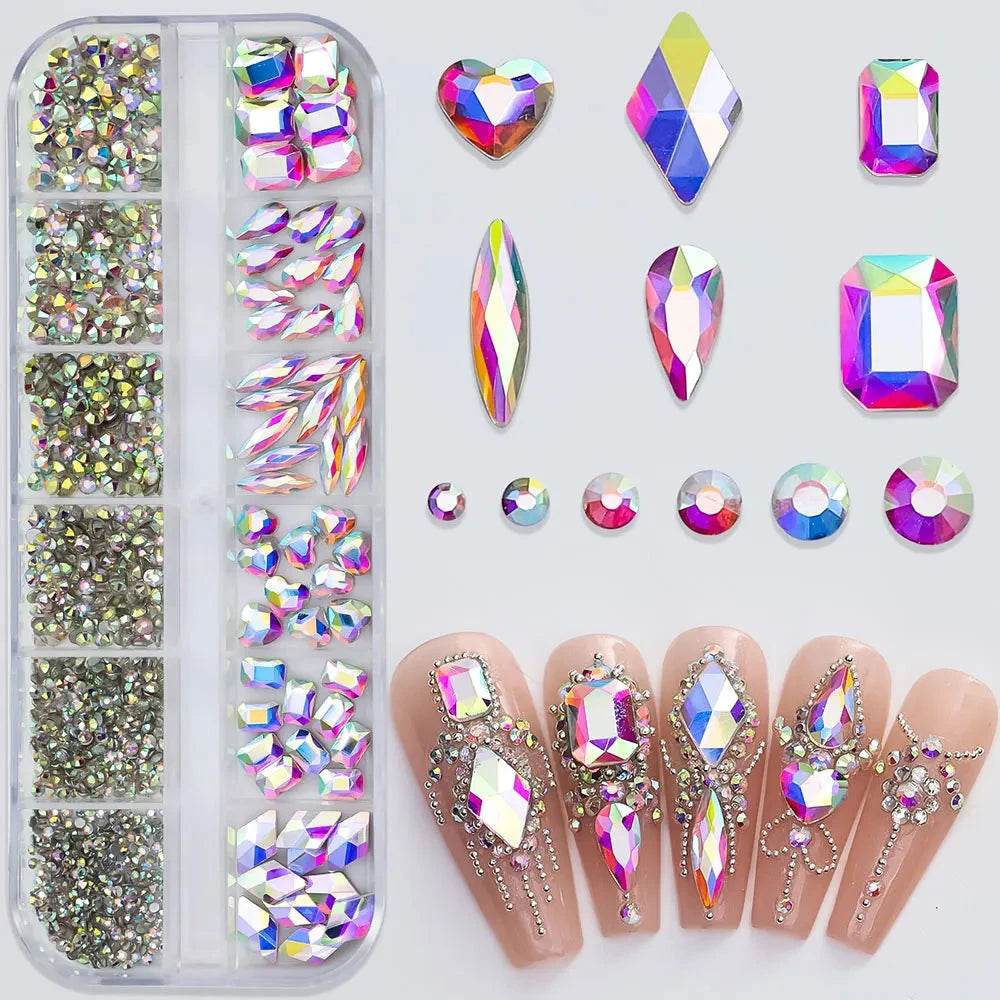 2400pcs+ Shiny Clear Crystal Gems Nail Rhinestones 1.5-4mm Mixed Round Glass Stone Flatback Nail Charms 12grids Nail Diamond DIY Econic Blanks