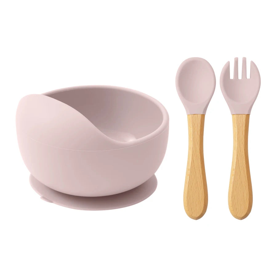 Mamaplan 3PCS Baby Silicone Feeding Set Toddler Suction Bowl Feeding Training Spoon Fork Baby Dishes Plate Baby Accessories Purest Peak