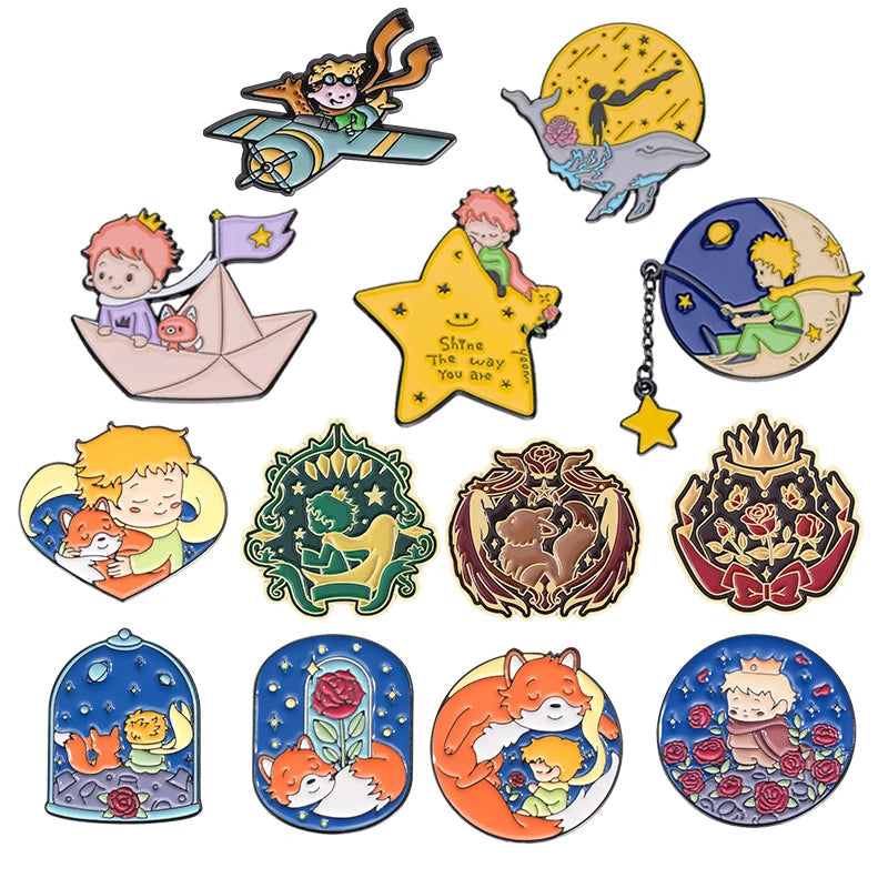 Cartoon Boy Fox Rose Enamel Pins Moon Star Whale Paper Boat Brooch Lapel Hat Bag Badge Jewelry Accessories Gift for Kids Friends Quick Pick Grocers