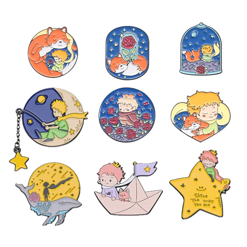 Cartoon Boy Fox Rose Enamel Pins Moon Star Whale Paper Boat Brooch Lapel Hat Bag Badge Jewelry Accessories Gift for Kids Friends Quick Pick Grocers
