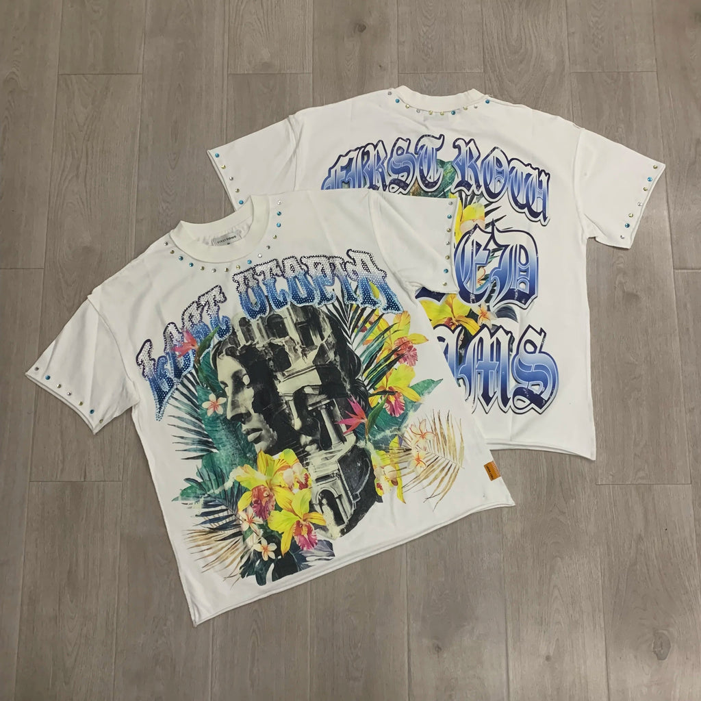 Streetwear Vintage Washed Diamond Cropped Tee for Men Crew Neck Short Sleeve Loose Cotton Rhineston Tshirts Oversized Quick Pick Grocers
