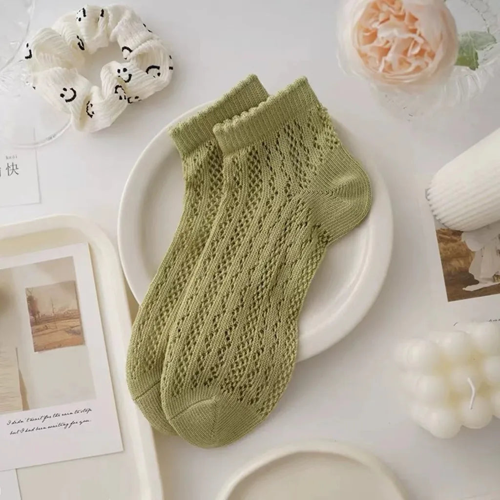 Fashionable Summer Soft Short Socks for Women Thin Mesh Sock Breathable Feature Sweet Hollow Out Design White Lace Ankle Socks Quick Pick Grocers