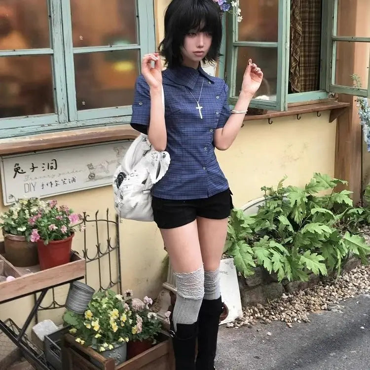 Genayooa Vintage Plaid Casual Shirt Women Short Sleeve Y2k Tops Japanese 2000s Summer Shirt Irregular American Retro 90s Tshirts Quick Pick Grocers
