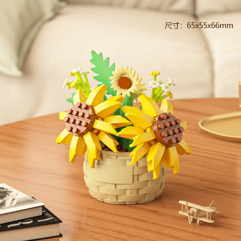 DIY MOC Potted Rose Sunflower Plants Succulents Bonsai Tree Gardens Romantic Building Blocks Model Bricks Kids Sets Kits Toys Purest Peak Salt