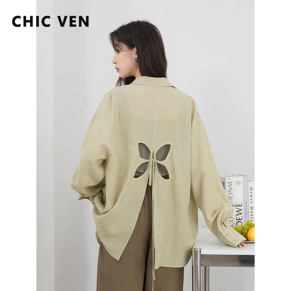 CHIC VEN Women Long Sleeve Shirts Solid Loose Casual New Style Design Back Hollow Out Shirt Female Blouse Spring Summer 2026 Quick Pick Grocers