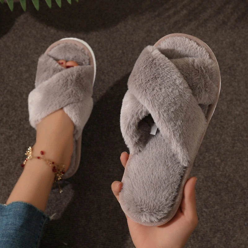 Cross Warm Fluffy Furry Slippers Women Lightweight Flat Heels Fur Slides Woman Autumn Winter Open Toe Non Slip Home Floor Shoes Purest Peak