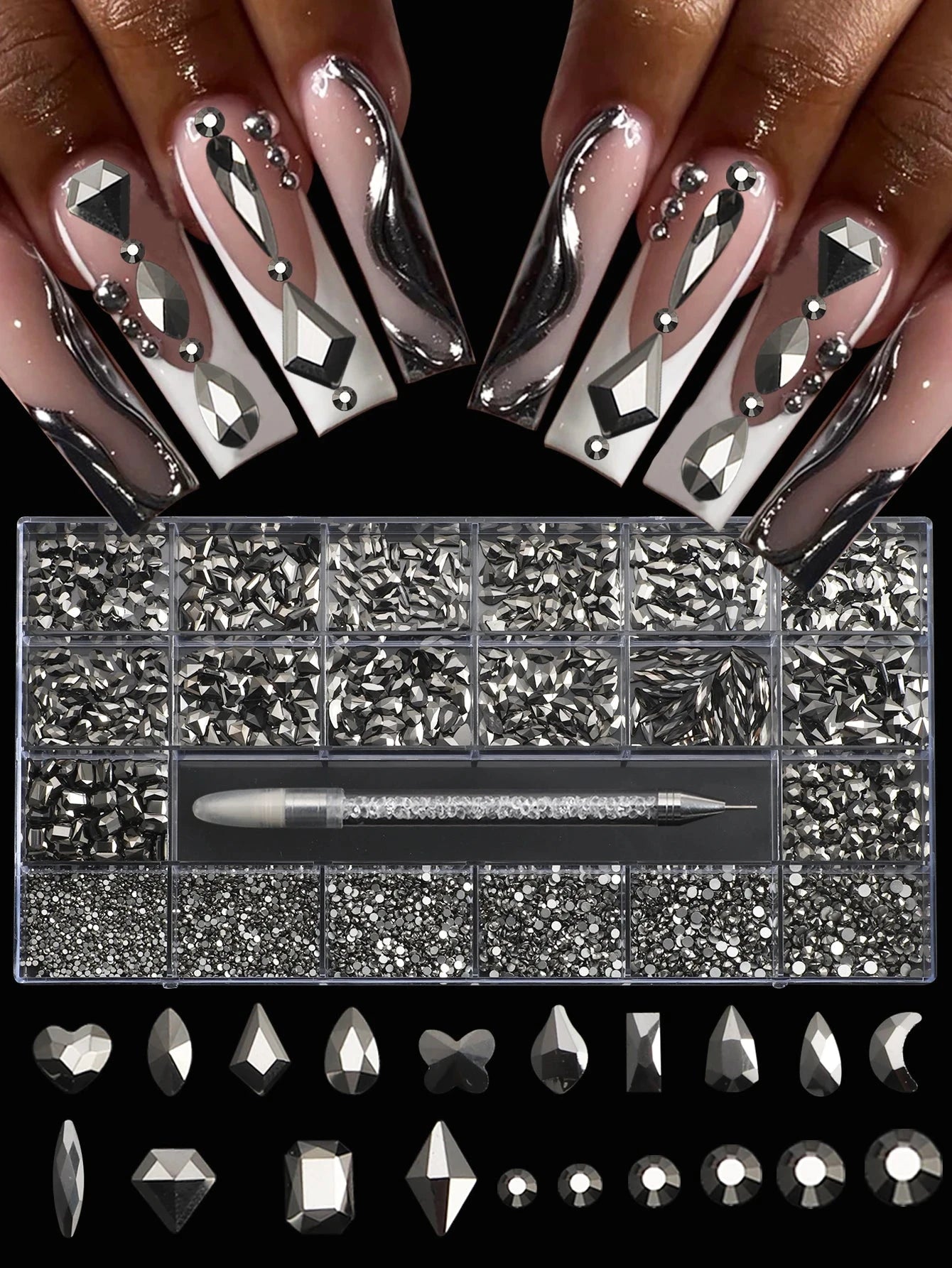 21 grid nail art diamond flat bottom glass diamond multi-style special-shaped diamond shiny nail rhinestone DIY nail art jewelry Econic Blanks
