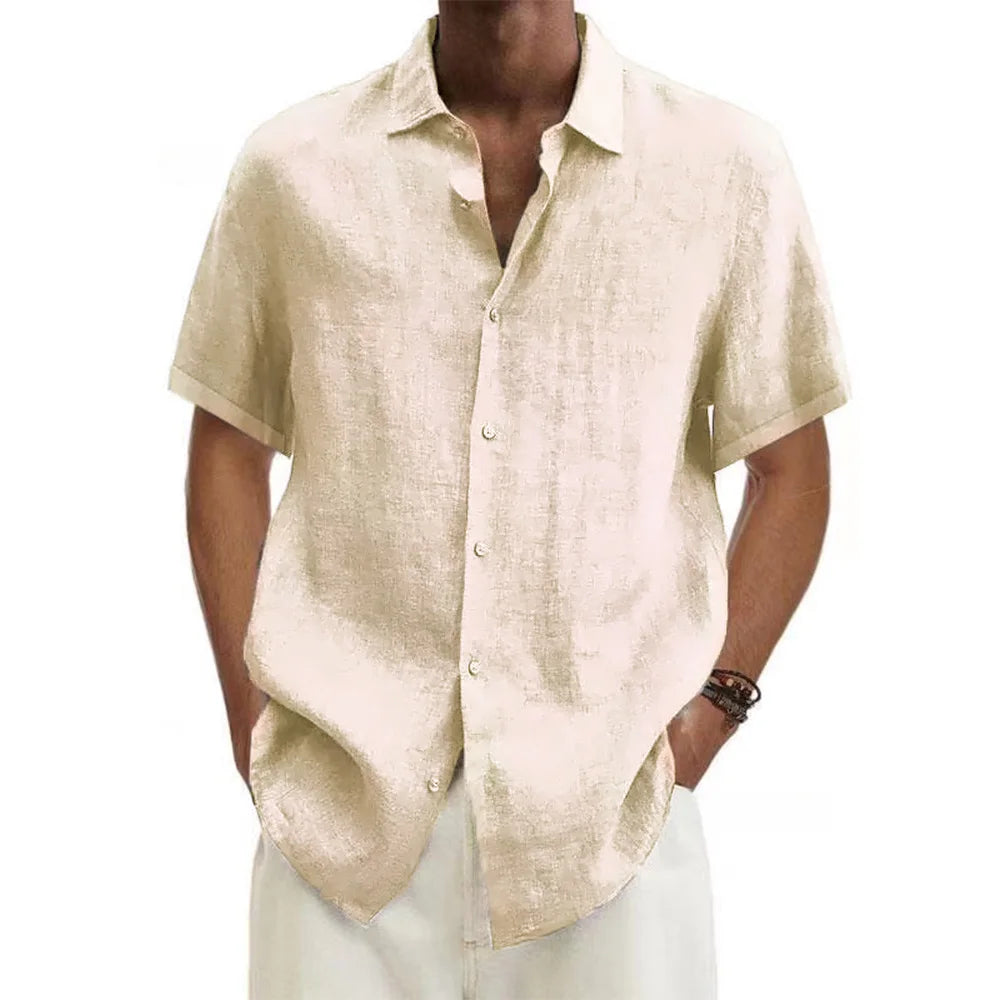 men Cotton Linen Hot Sale Men's Short-Sleeved Shirts Summer Solid Color Turn-down collar Casual Beach Style Plus Size tops Quick Pick Grocers