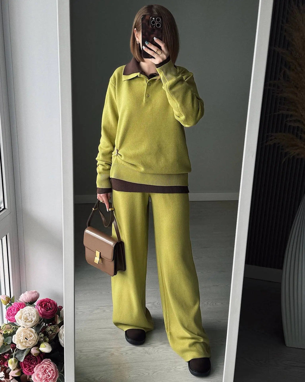 Hirsionsan Winter Thick Women Knitted Suits Soft 2 Pieces soft Female Sets Polo Neck Sweater & Wide Leg Pants Knitted Outfit Quick Pick Grocers
