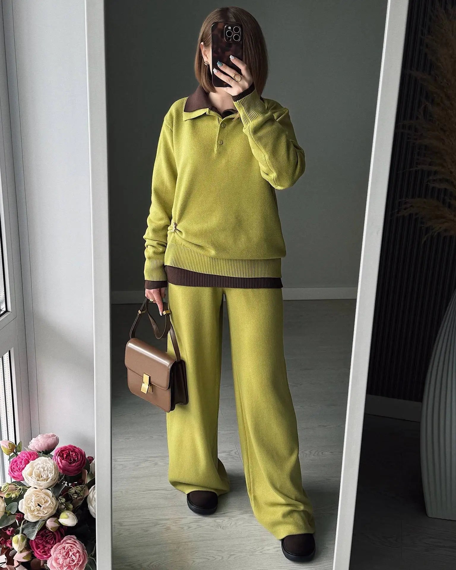 Hirsionsan Winter Thick Women Knitted Suits Soft 2 Pieces soft Female Sets Polo Neck Sweater & Wide Leg Pants Knitted Outfit Quick Pick Grocers