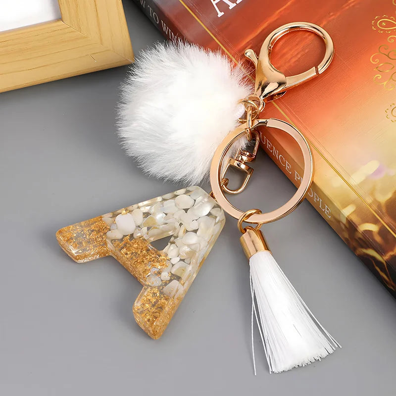 Creative Resin Initials White Fringe Fur Ball Women Keychain A-Z Letter Pendant Handbag Decor Car Key Ring Jewelry Gift Quick Pick Grocers