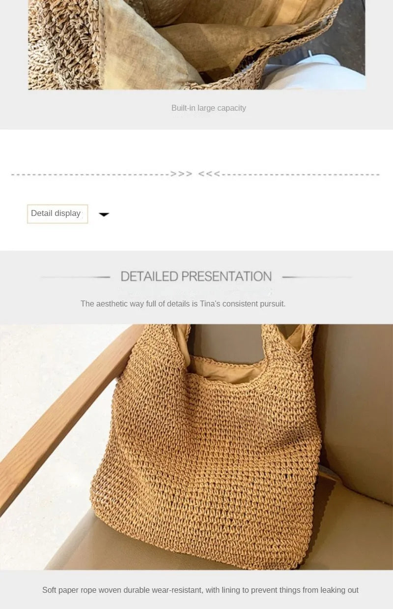 French Style Large Capacity Woven Straw Woven Bag for Women New Beach Vacation Shoulder Bag Casual Commuting Tote Bag Purse Quick Pick Grocers
