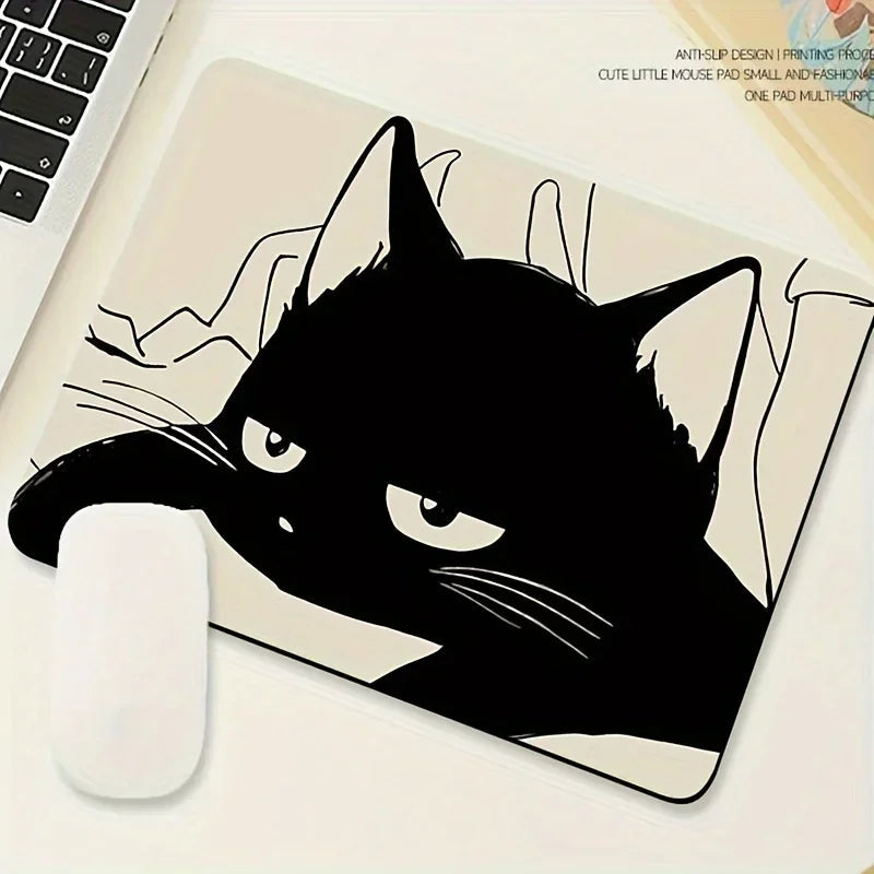 Black Cat Illustration Mouse Pad Small Office Table Mats Computer Accessories Washable Non-slip Rubber with Precision Lock Edge Quick Pick Grocers