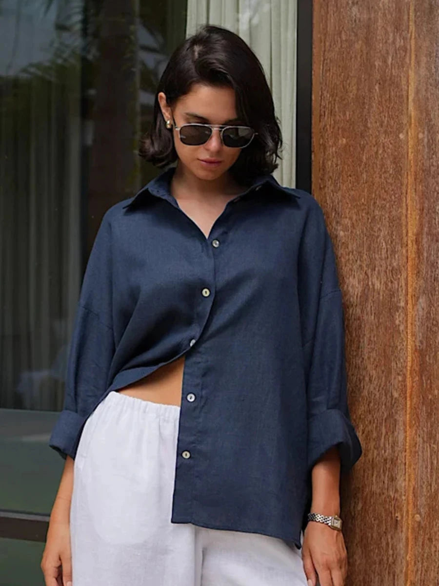 Bornladies 100% Cotton Spring Summer Versatile Lazy Casual Shirt Women's Fashionable Solid Color Loose Shirt Cardigan Shirt Econic Blanks