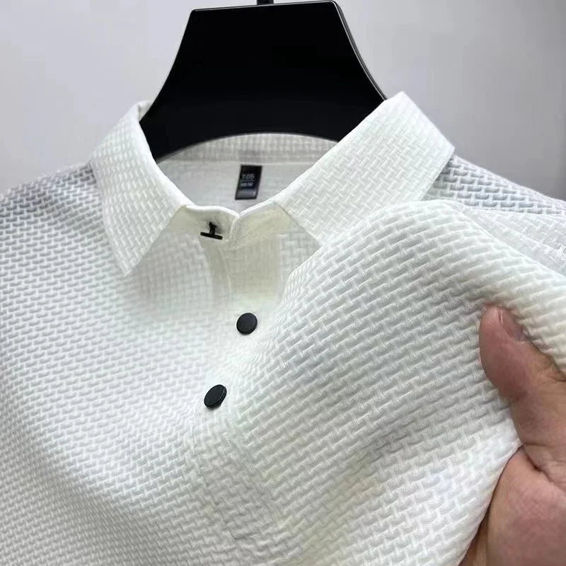New Men's Business Casual Short Sleeved Bone Flower Solid Color POLO Shirt Fashion Breathable Comfortable Summer Versatile Top Quick Pick Grocers