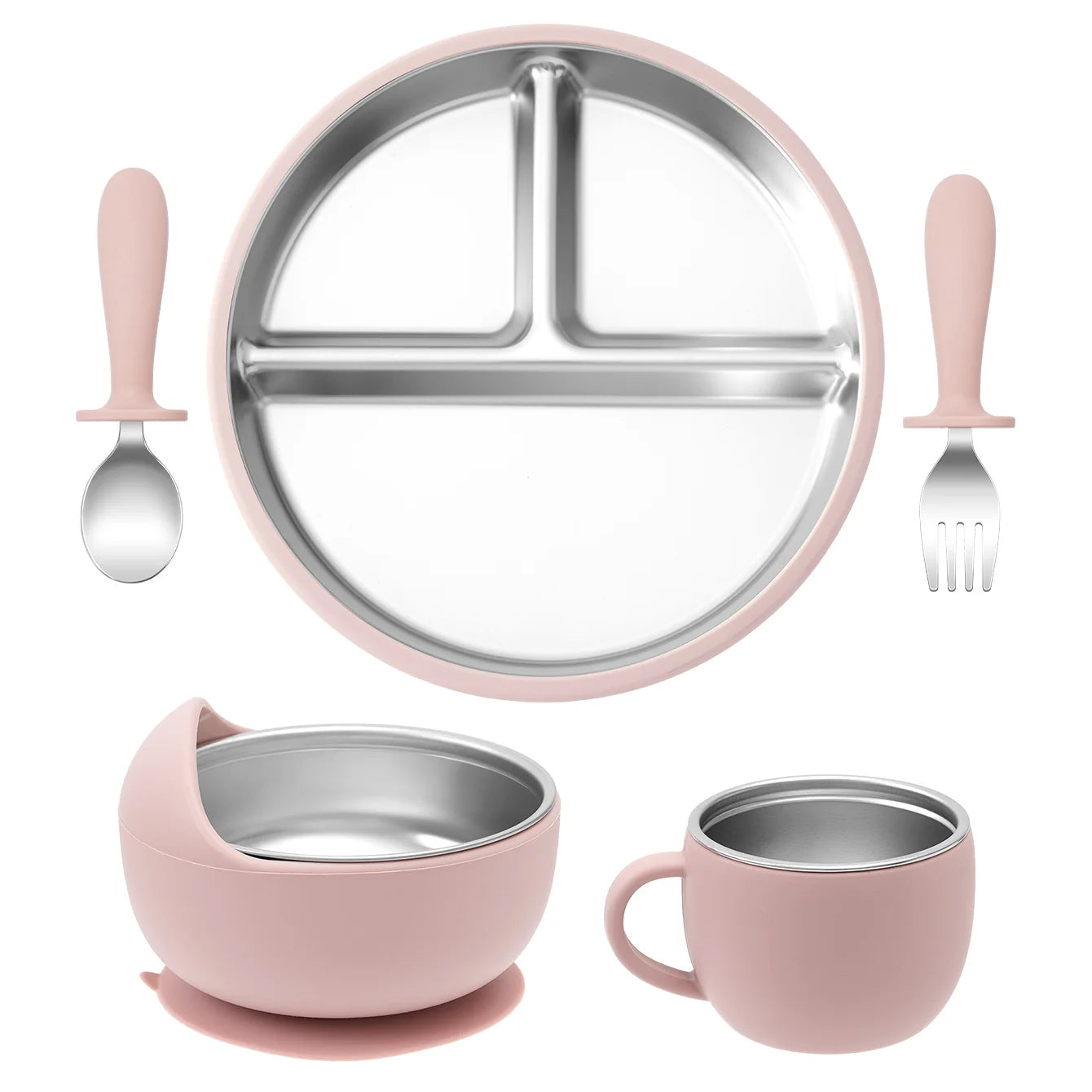5PCS Stainless Steel Dishes Plate Baby Feeding Set With Detachable Silicone Sucker Bowl BPA Free Infant Fork Spoon Cup Gifts Purest Peak