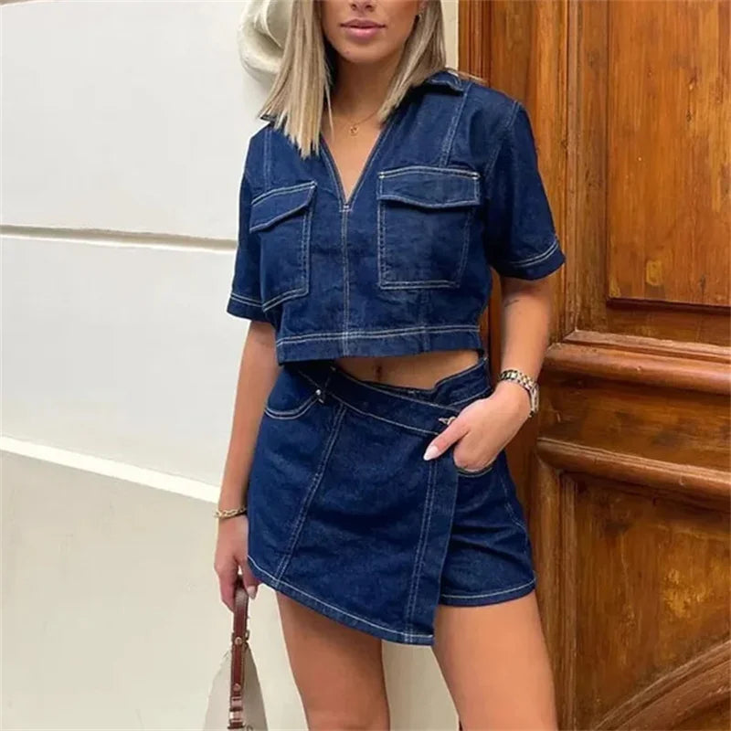 MUJER Blue Denim Shirt Woman Short Sleeve Cropped Shirt Women Summer Short Tops Woman Streetwear Y2k Stylish Women's Blouses Quick Pick Grocers