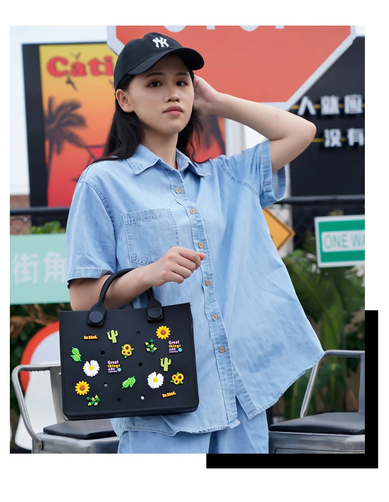EVA Large Leather Shoulder Bag Handbag Tote Bag Storage for Women Casual Waterproof Beach Bag Hole Fit Charm Fashion Storage Bag Quick Pick Grocers
