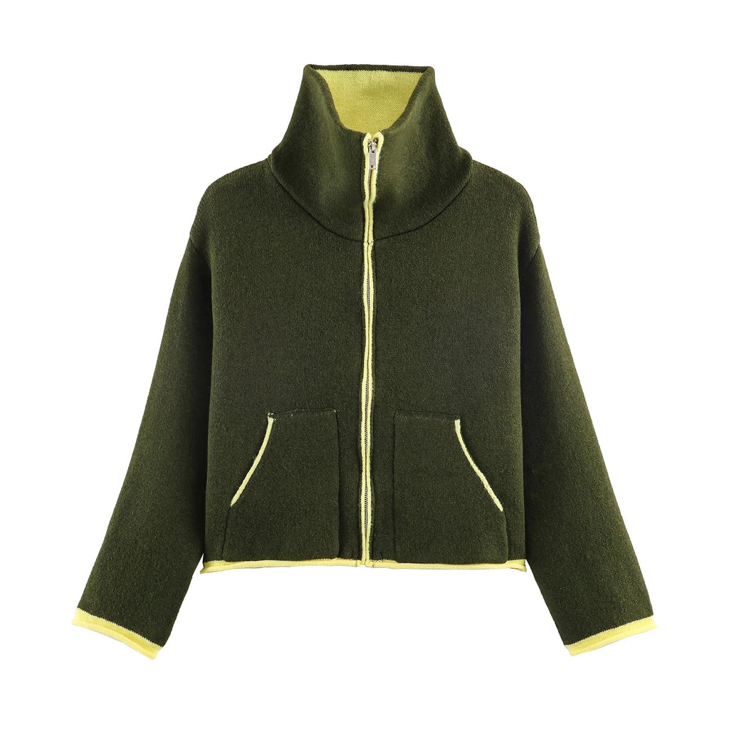 2025 Winter New Product Women's Lazy Style Loose Contrasting Color Decorative Layer Knitted Pilot Jacket Coat Quick Pick Grocers